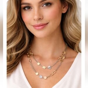 Brighton Two-Tone Layered Heart Charm Necklace Statement Piece Gold & Silver